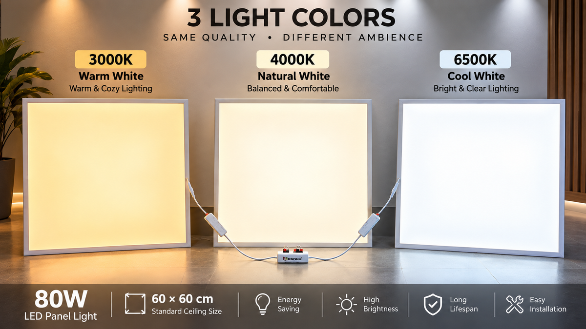 80W LED Panel Light 60x60cm – High Brightness Ceiling Panel | 3 Light Colors