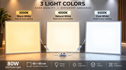 80W LED Panel Light 60x60cm – High Brightness Ceiling Panel | 3 Light Colors
